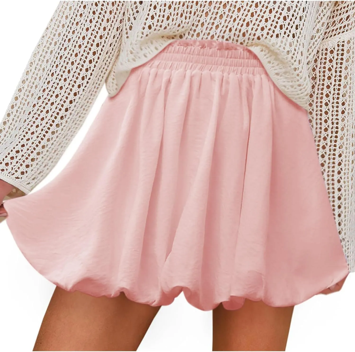 Women Summer Bubble Mini Skirts Elastic Waist Pleated Short Skirt Trendy Cute Cake Skirts Solid Half Dress