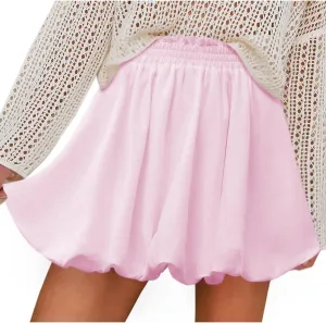 Women Summer Bubble Mini Skirts Elastic Waist Pleated Short Skirt Trendy Cute Cake Skirts Solid Half Dress