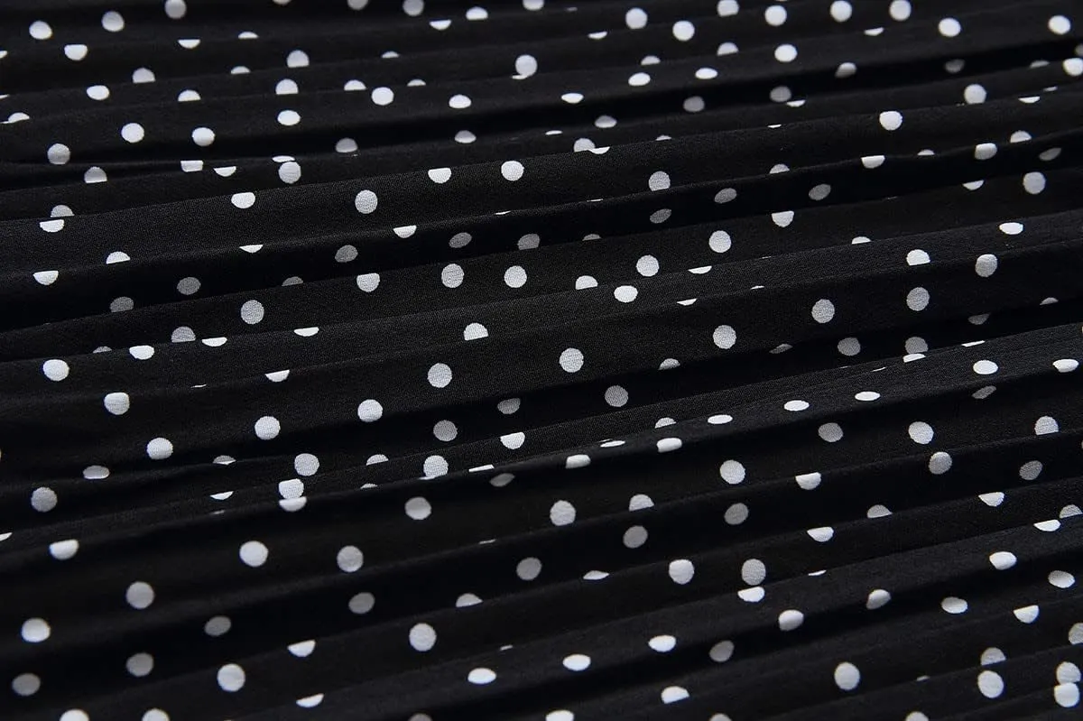 Women Trendy High Waist Ruffle Polka Dot Midi Swing Skirts Knee Length Boho Pleated Skirt with Pockets