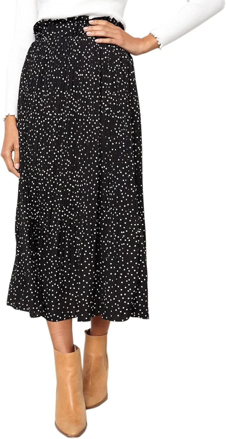Women Trendy High Waist Ruffle Polka Dot Midi Swing Skirts Knee Length Boho Pleated Skirt with Pockets