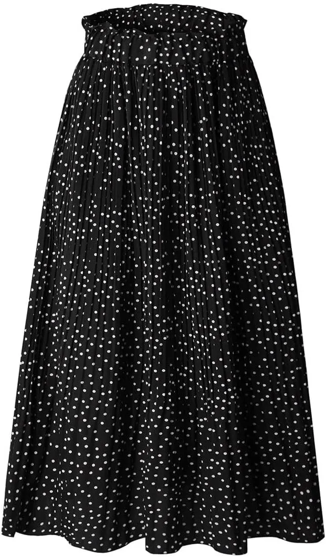 Women Trendy High Waist Ruffle Polka Dot Midi Swing Skirts Knee Length Boho Pleated Skirt with Pockets