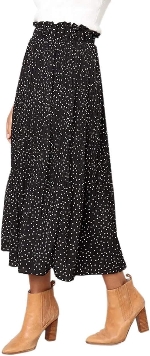 Women Trendy High Waist Ruffle Polka Dot Midi Swing Skirts Knee Length Boho Pleated Skirt with Pockets