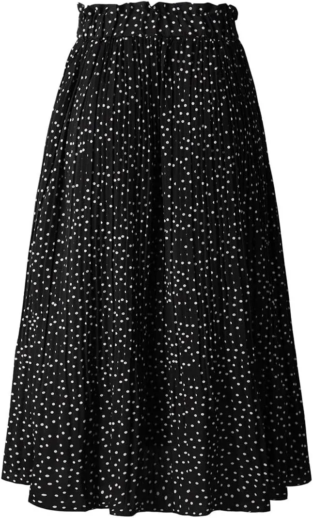 Women Trendy High Waist Ruffle Polka Dot Midi Swing Skirts Knee Length Boho Pleated Skirt with Pockets