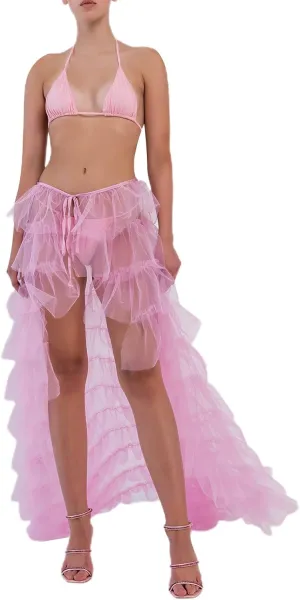 Women Tulle Tutu Long Skirt Victorian Steampunk Bustle Layered Skirt Self-Tied Belt High Low Maxi Prom Party Skirt