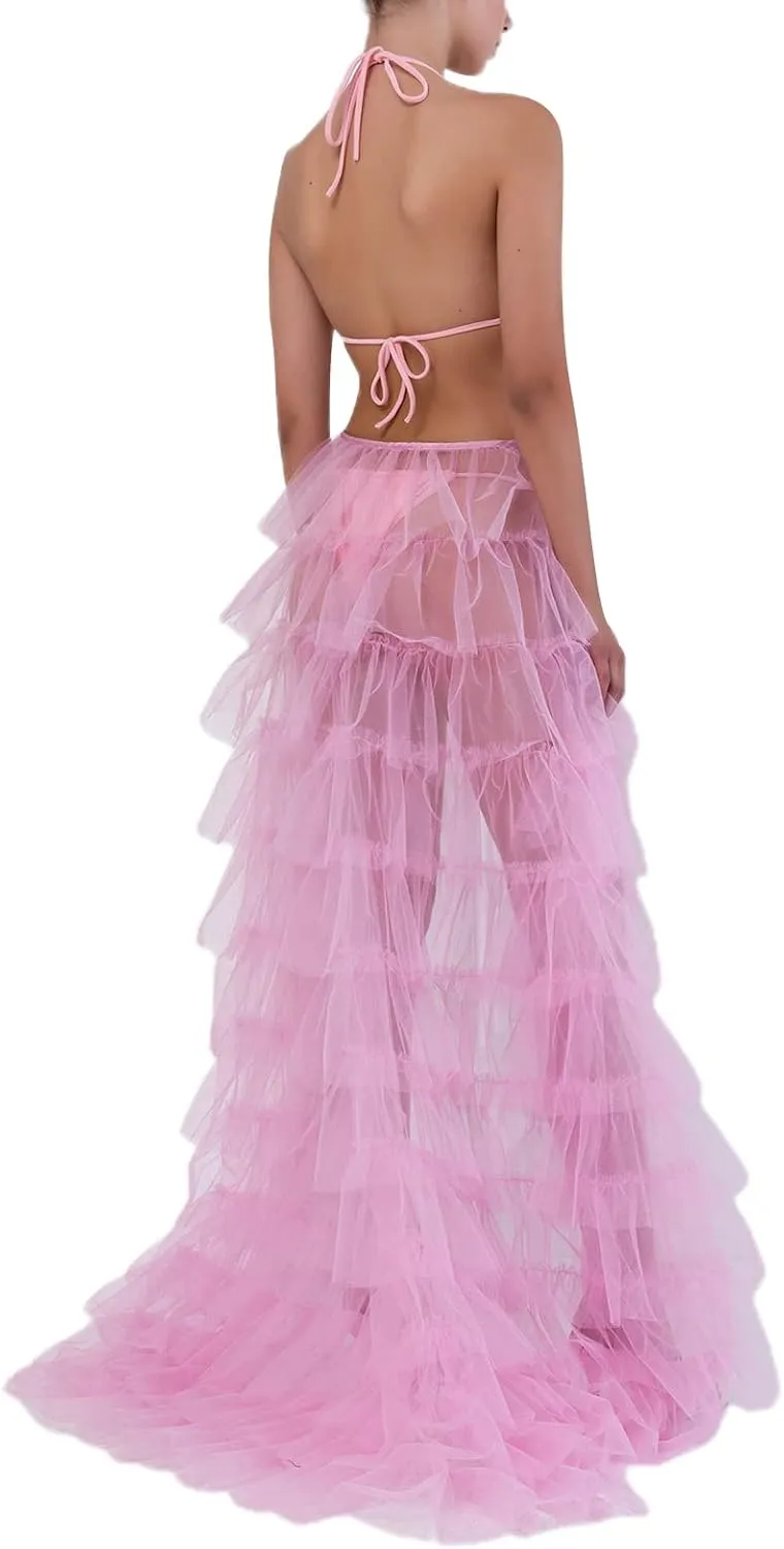Women Tulle Tutu Long Skirt Victorian Steampunk Bustle Layered Skirt Self-Tied Belt High Low Maxi Prom Party Skirt