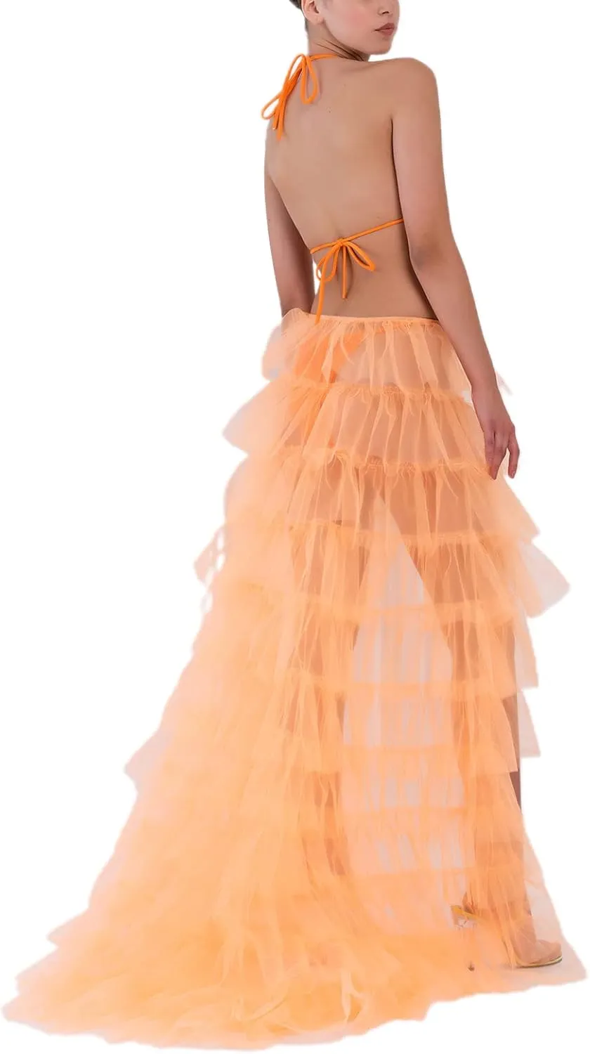 Women Tulle Tutu Long Skirt Victorian Steampunk Bustle Layered Skirt Self-Tied Belt High Low Maxi Prom Party Skirt