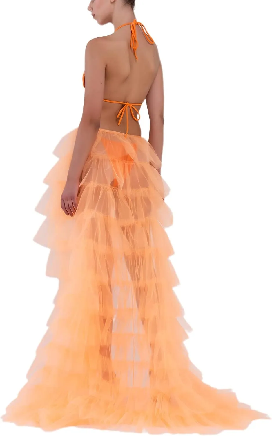 Women Tulle Tutu Long Skirt Victorian Steampunk Bustle Layered Skirt Self-Tied Belt High Low Maxi Prom Party Skirt