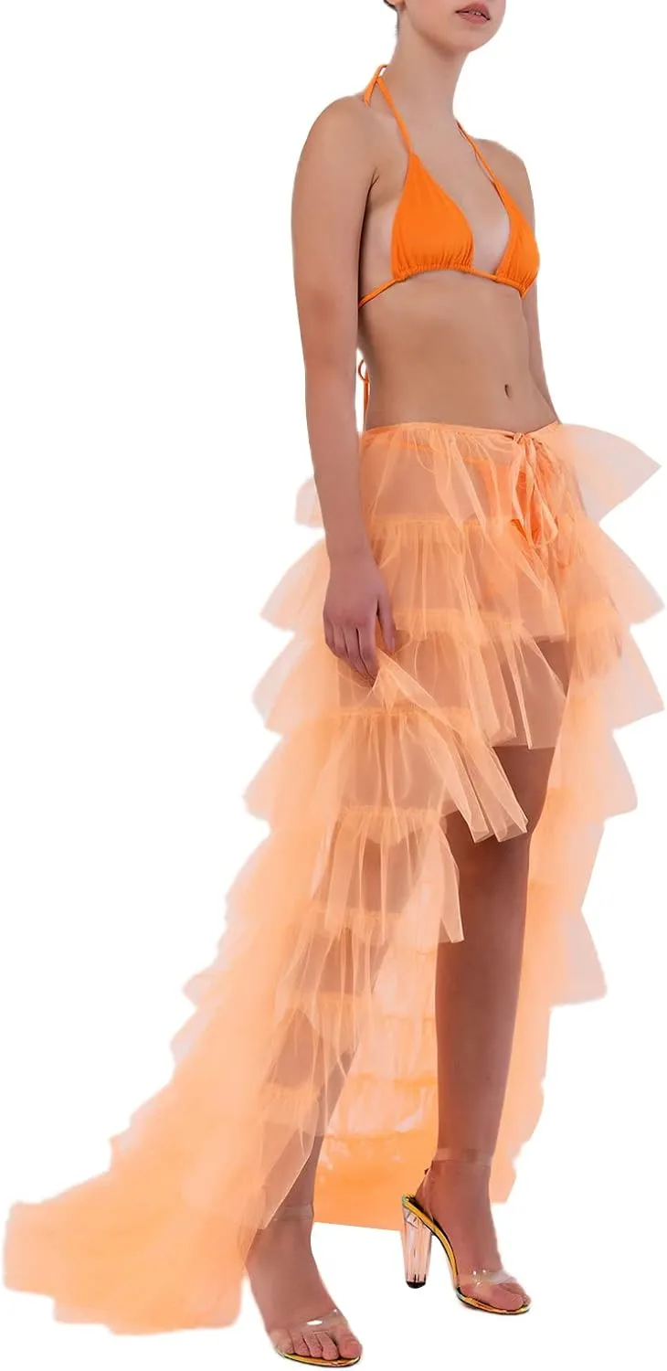 Women Tulle Tutu Long Skirt Victorian Steampunk Bustle Layered Skirt Self-Tied Belt High Low Maxi Prom Party Skirt