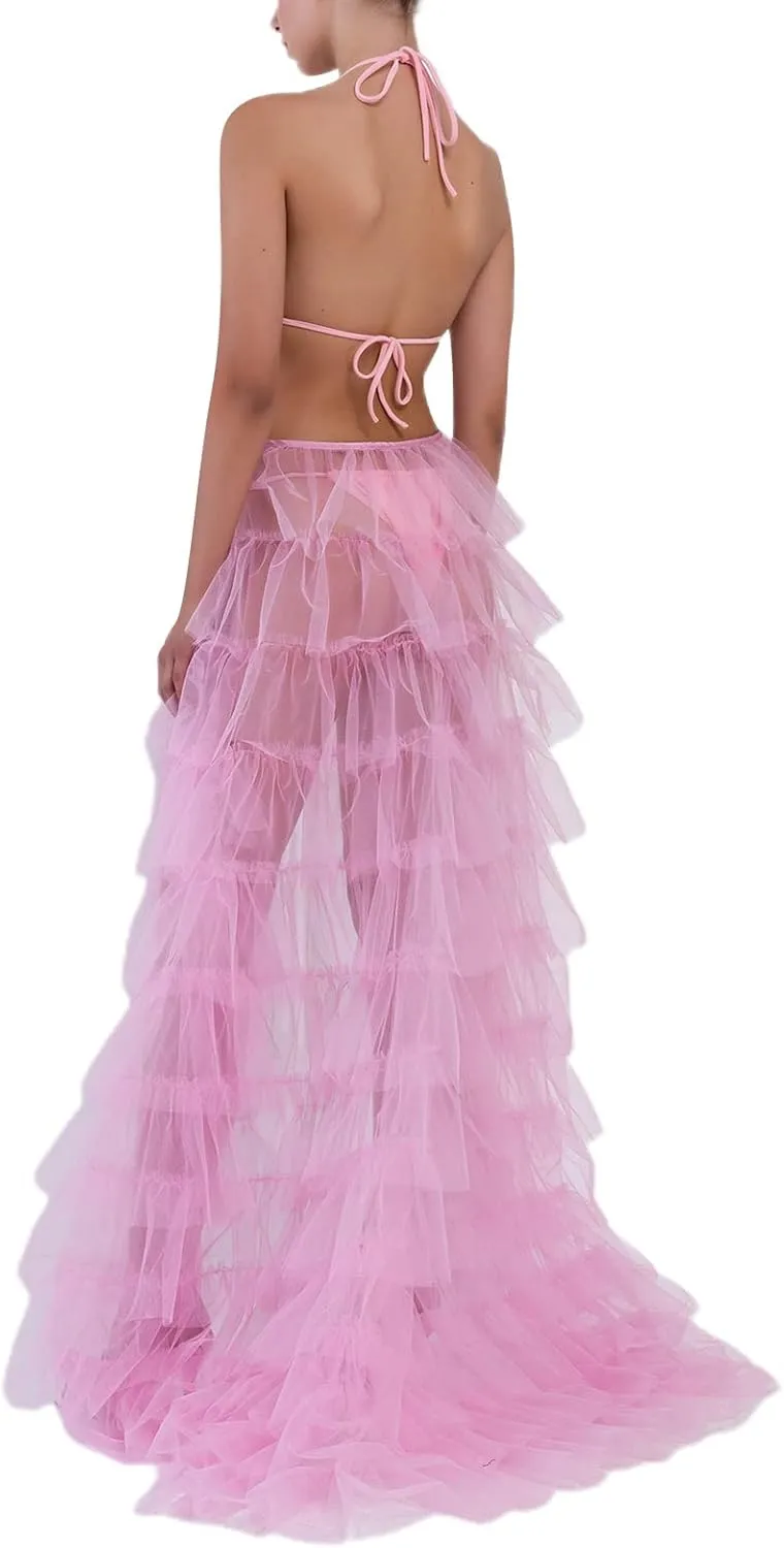 Women Tulle Tutu Long Skirt Victorian Steampunk Bustle Layered Skirt Self-Tied Belt High Low Maxi Prom Party Skirt