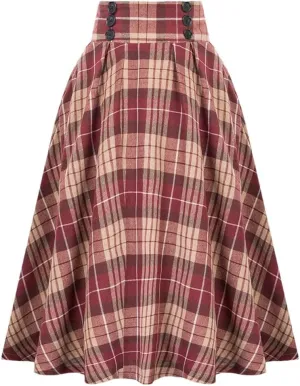Women Vintage Skirt High Waist Pleated Skirt Womens Double Breasted with Pockets A-Line Midi Skirt