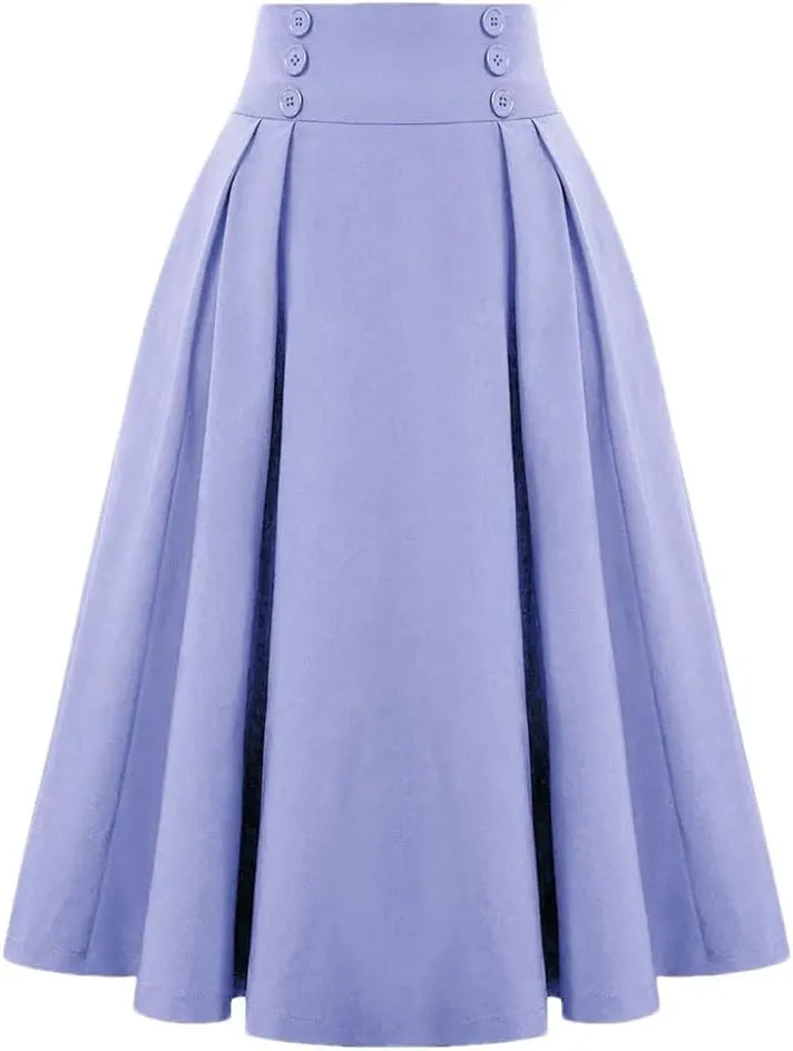 Women Vintage Skirt High Waist Pleated Skirt Womens Double Breasted with Pockets A-Line Midi Skirt