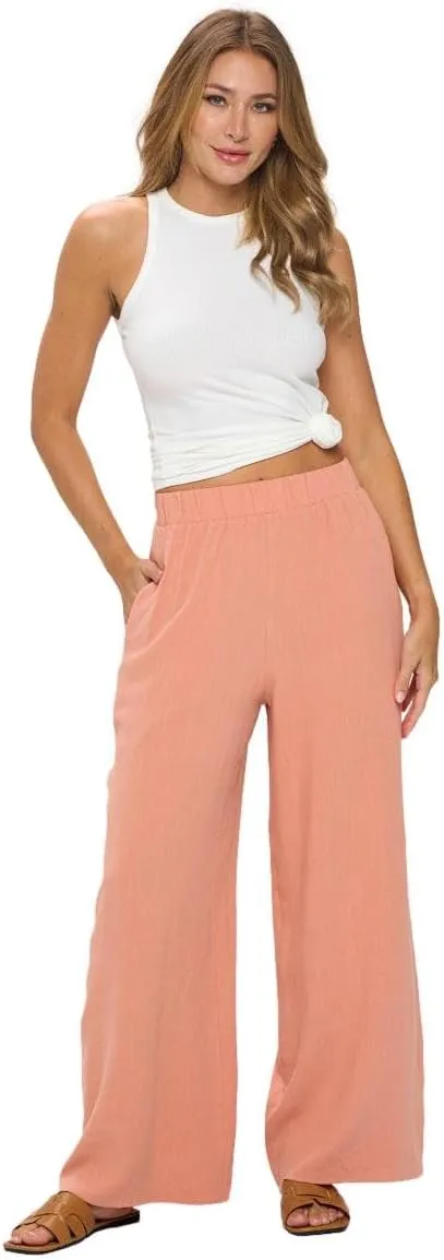 Women Wide Leg Linen Palazzo Pants Regular Waist Boho Flowy Pants with Pocket Travel Trousers - Made in USA