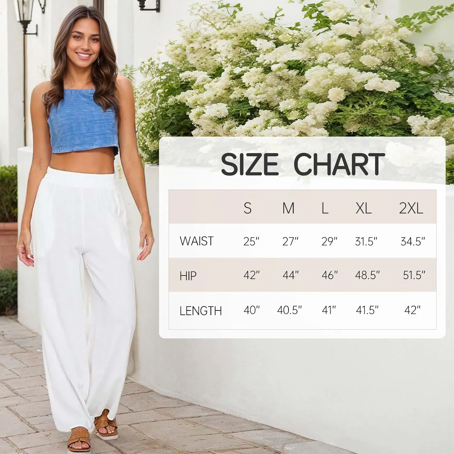 Women Wide Leg Linen Palazzo Pants Regular Waist Boho Flowy Pants with Pocket Travel Trousers - Made in USA