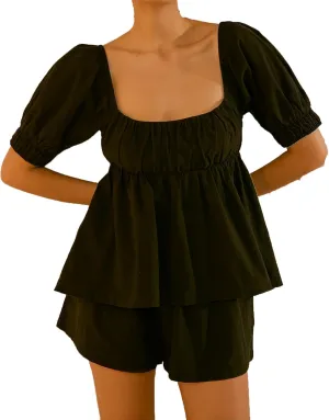 Womens 2 Piece Suit Sets Trendy Square Neck Puff Sleeve Tie Bow Back Babydoll Tops Summer Beach Casual Solid Shorts Set