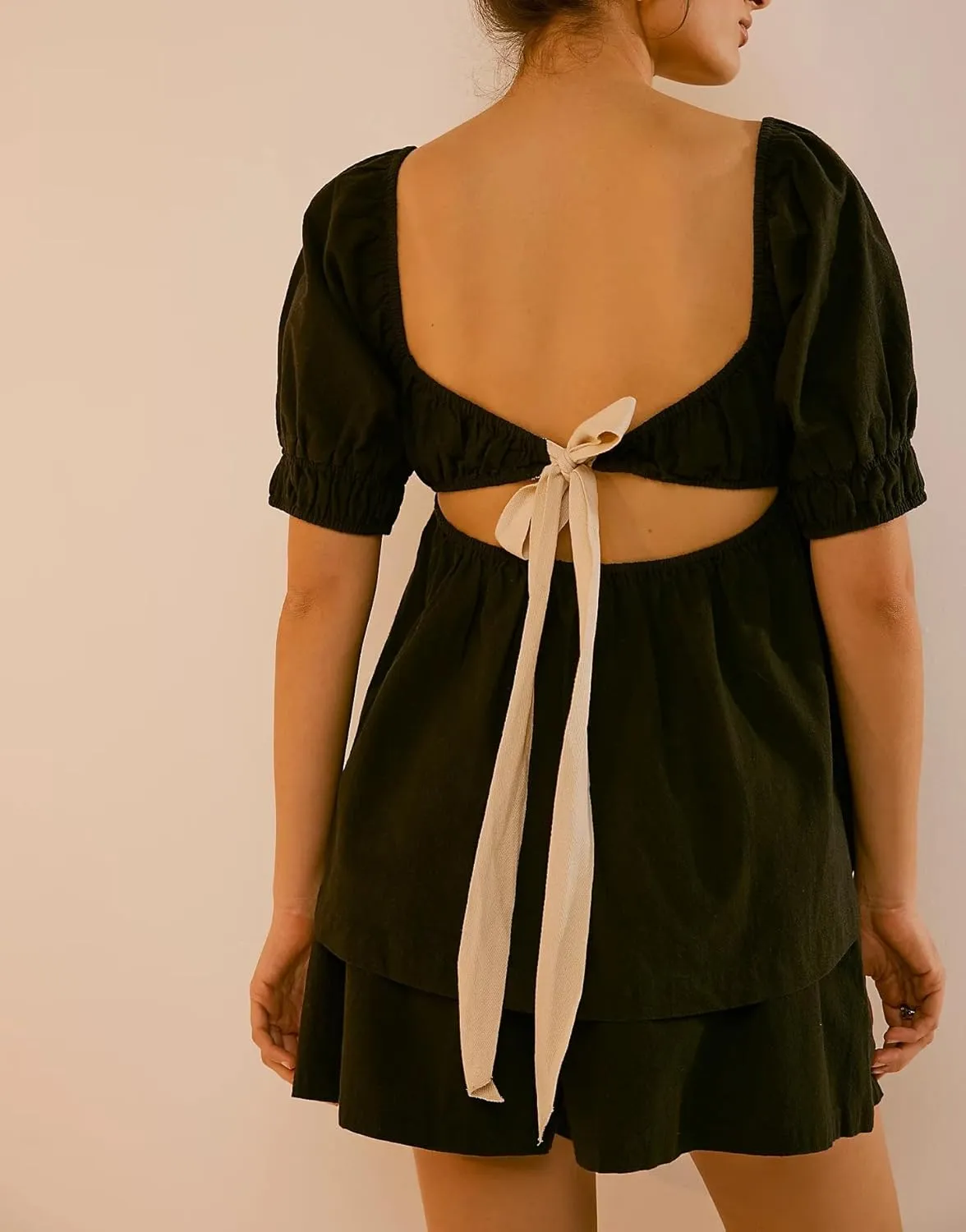 Womens 2 Piece Suit Sets Trendy Square Neck Puff Sleeve Tie Bow Back Babydoll Tops Summer Beach Casual Solid Shorts Set