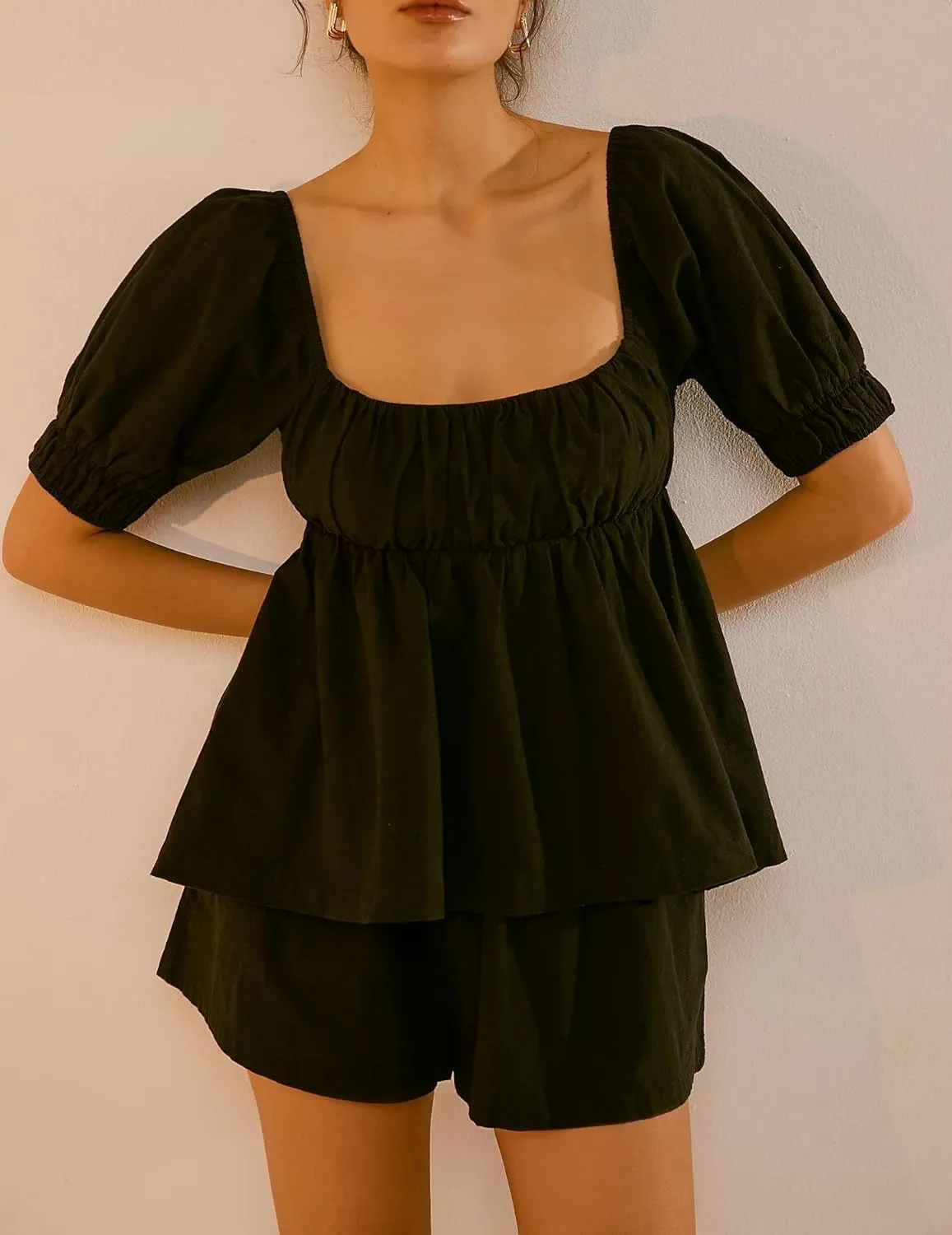 Womens 2 Piece Suit Sets Trendy Square Neck Puff Sleeve Tie Bow Back Babydoll Tops Summer Beach Casual Solid Shorts Set
