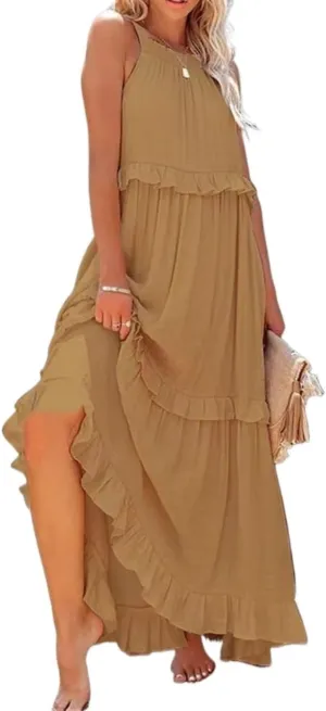 Women's 2024 Summer Sleeveless Halter Maxi Maxi Dress Casual Floral Tiered Flowy Long Sundress Boho Beach Dresses