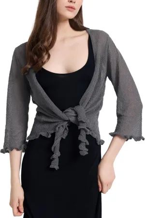 Women's 3/4 Sleeve Tie Open Front Sheer Mesh Lightweight Shrug Cardigan Knit for Dresses