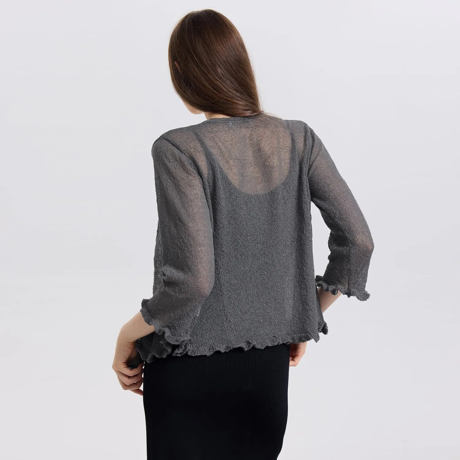 Women's 3/4 Sleeve Tie Open Front Sheer Mesh Lightweight Shrug Cardigan Knit for Dresses