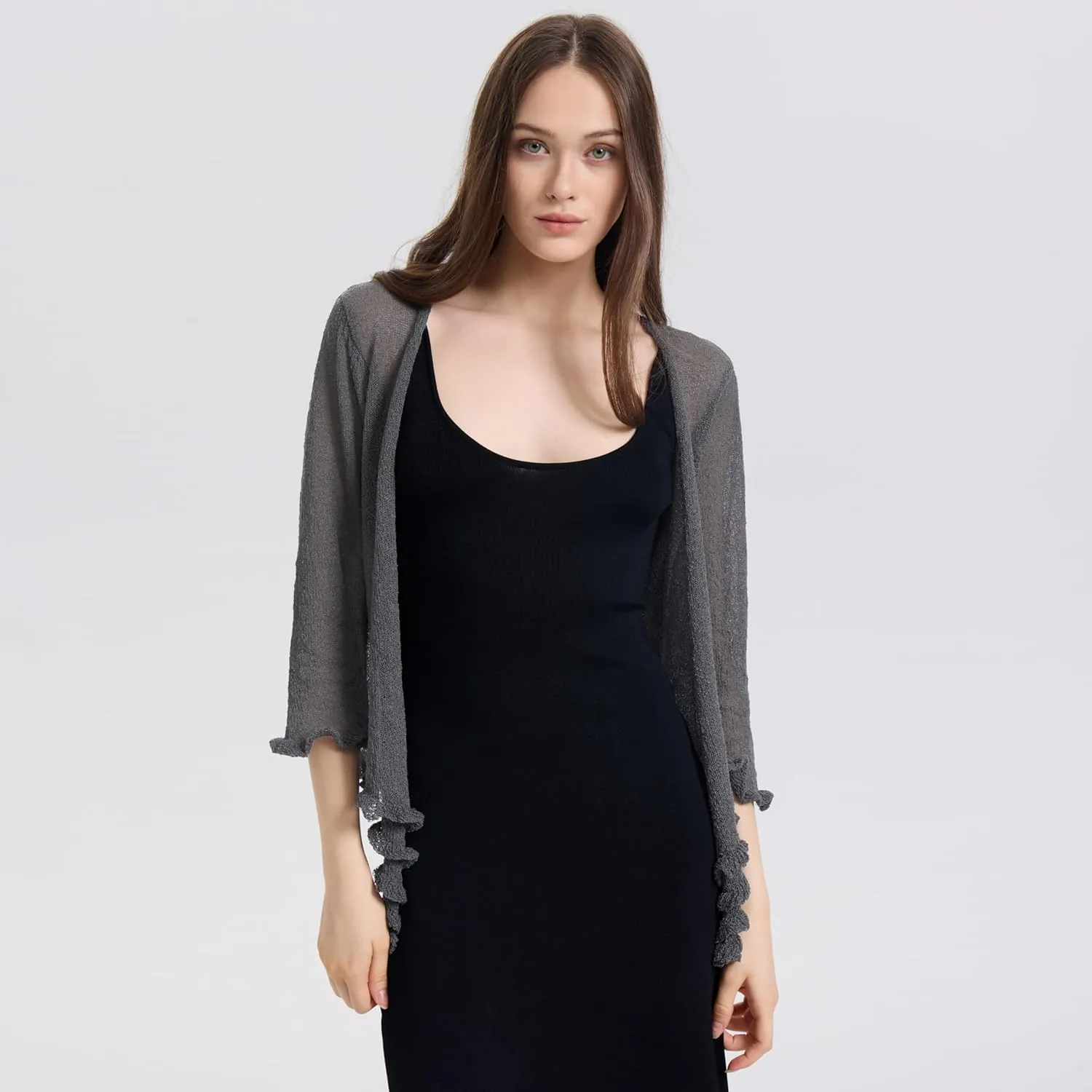 Women's 3/4 Sleeve Tie Open Front Sheer Mesh Lightweight Shrug Cardigan Knit for Dresses