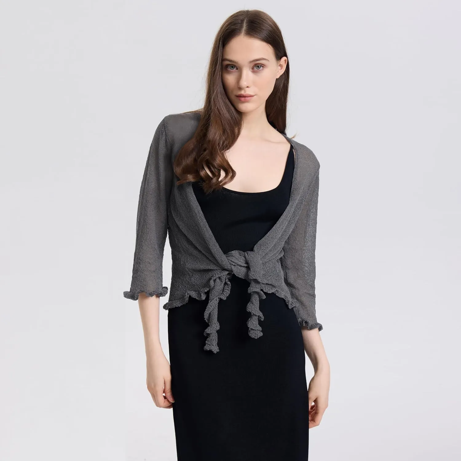 Women's 3/4 Sleeve Tie Open Front Sheer Mesh Lightweight Shrug Cardigan Knit for Dresses