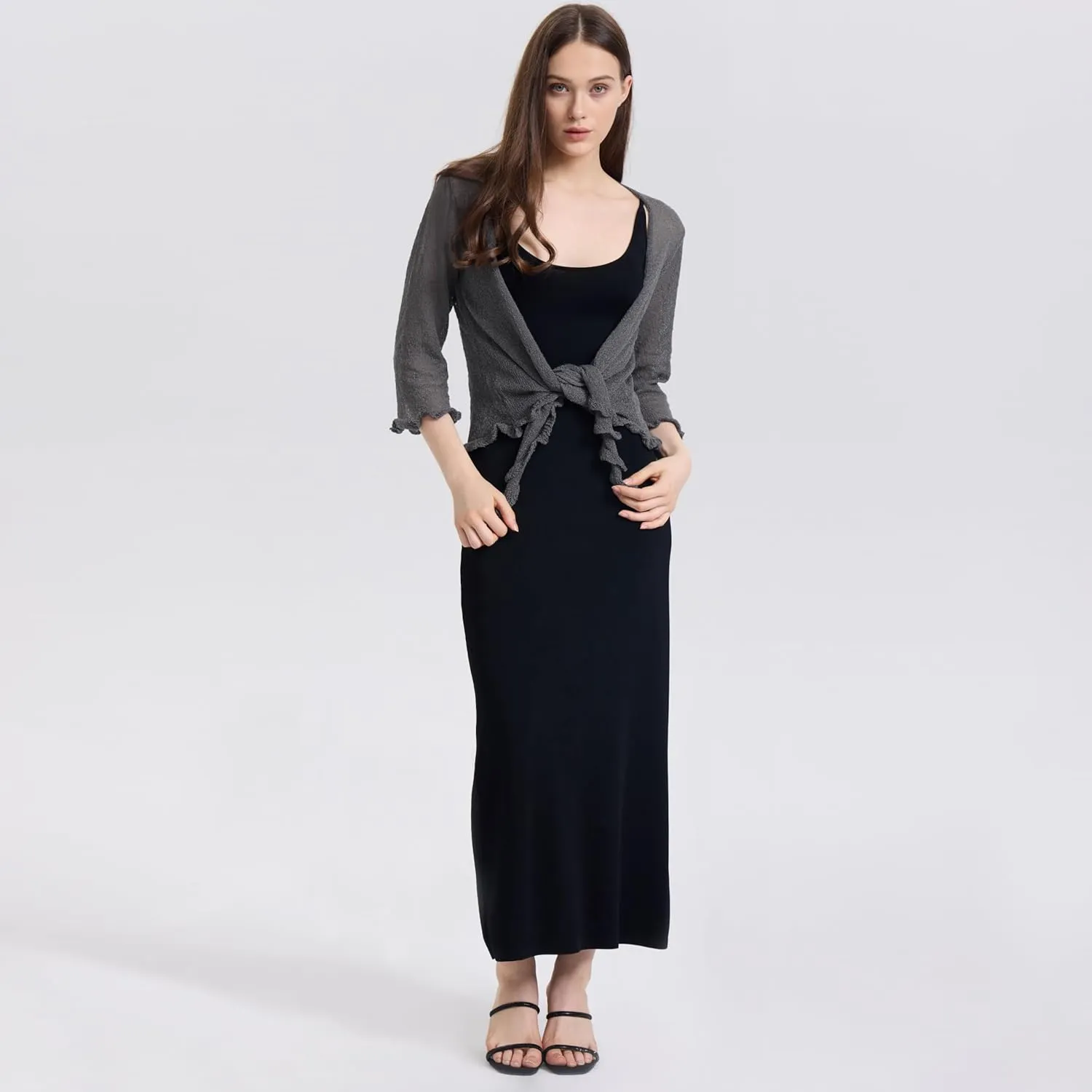 Women's 3/4 Sleeve Tie Open Front Sheer Mesh Lightweight Shrug Cardigan Knit for Dresses