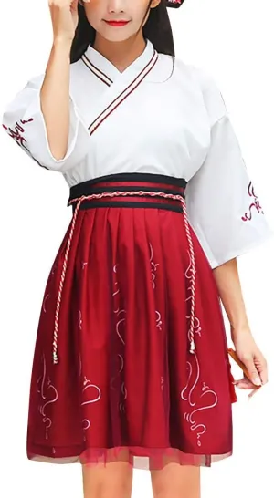 Women's Ancient Traditional Chinese Costume Half Sleeve Embroidery Hanfu Top High Waist Swing Skirt Outfit