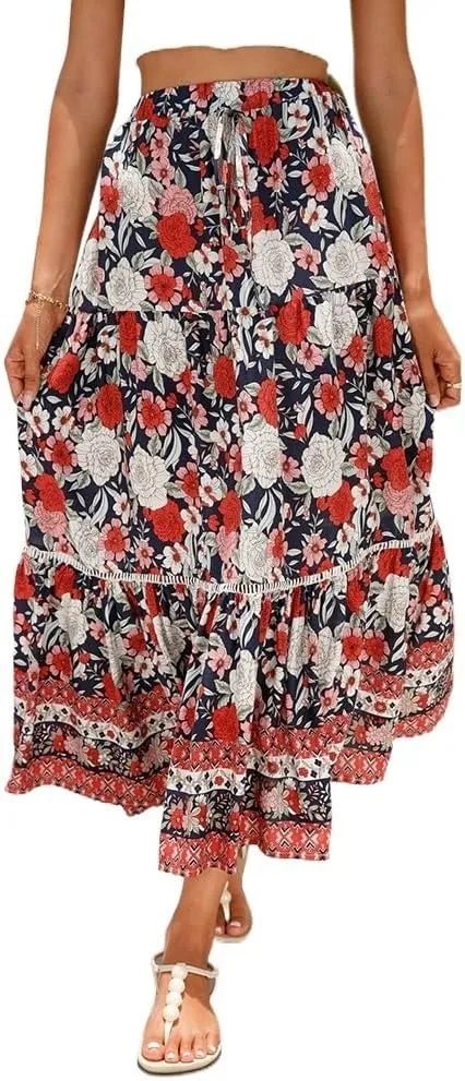 Womens Boho Floral Print High Waisted Midi Skirts A-Line Elastic Waist Pleated Flowy Swing Summer Midi Skirt