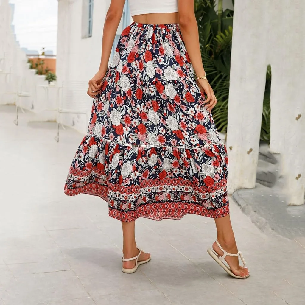 Womens Boho Floral Print High Waisted Midi Skirts A-Line Elastic Waist Pleated Flowy Swing Summer Midi Skirt