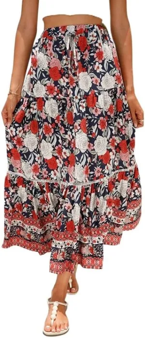 Womens Boho Floral Print High Waisted Midi Skirts A-Line Elastic Waist Pleated Flowy Swing Summer Midi Skirt