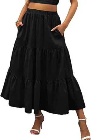 Women's Boho High Waist Long Skirt Casual Flowy Swing Ruffle A Line Beach Maxi Skirt with Pockets