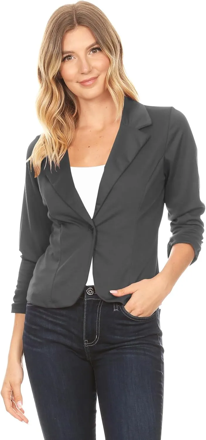 Women's Casual 3/4 Ruched Sleeves One Button Closure Waist length Blazer Jacket