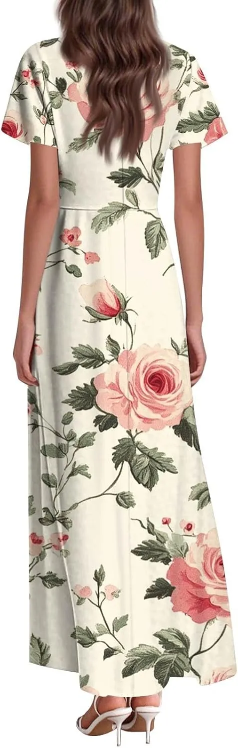 Women's Casual A-Line Dresses 2025 V Neck Short Sleeve Dress Empire Waist Boho Summer Sundress
