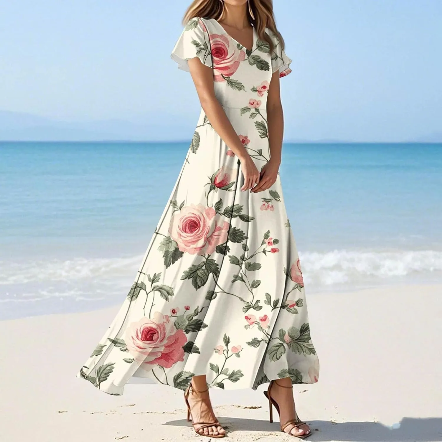 Women's Casual A-Line Dresses 2025 V Neck Short Sleeve Dress Empire Waist Boho Summer Sundress