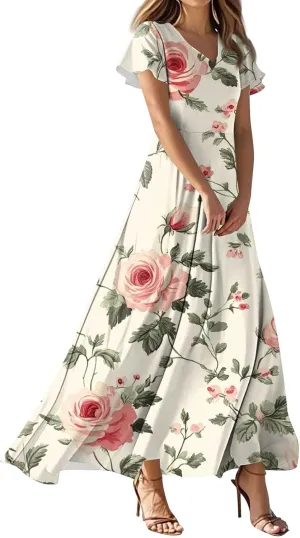 Women's Casual A-Line Dresses 2025 V Neck Short Sleeve Dress Empire Waist Boho Summer Sundress