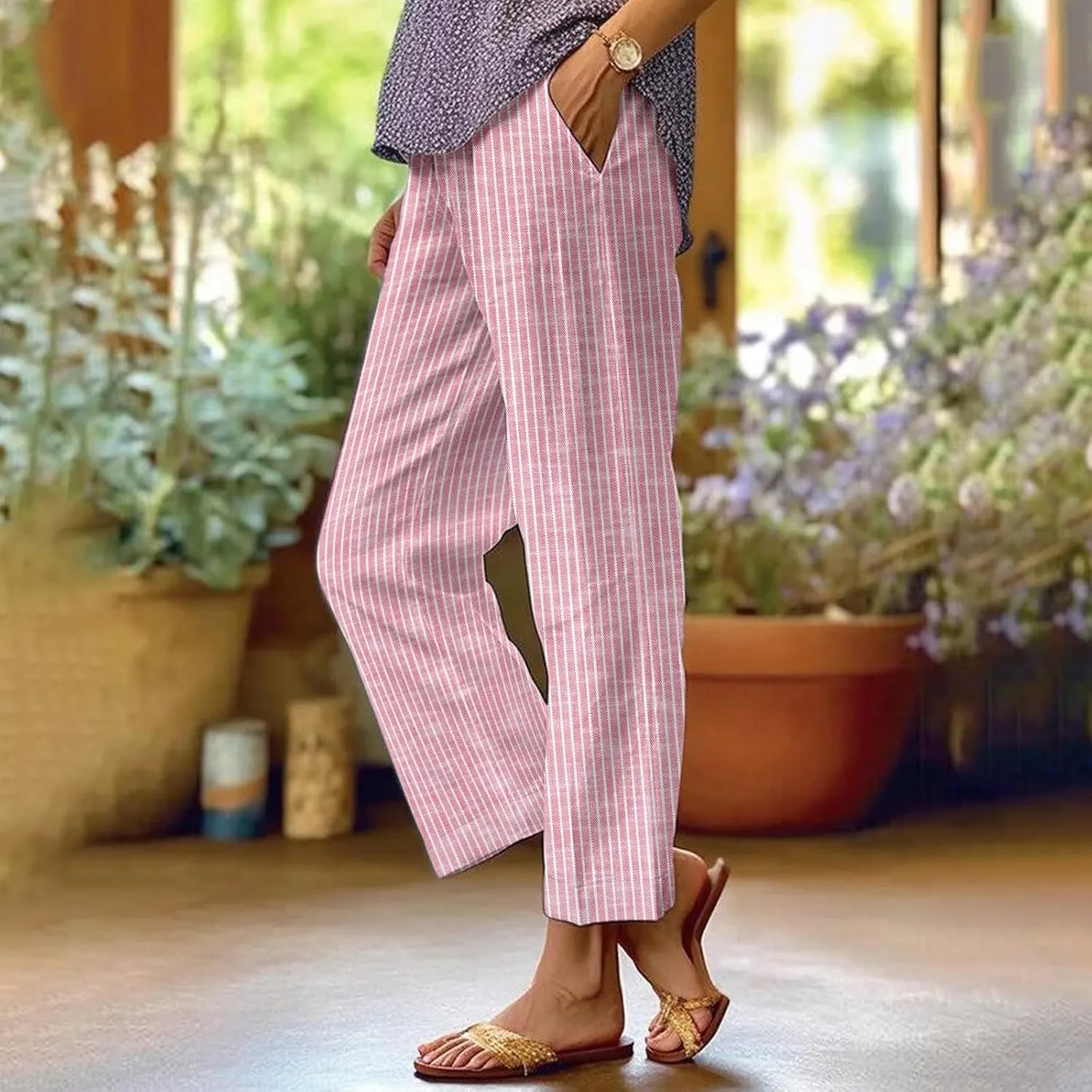 Women's Casual Boho Floral Design Cotton Linen Pant Elastic Waisted Drawstring Summer Beach Baggy Capri with Pockets