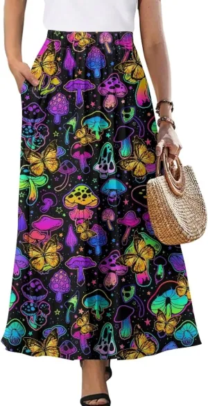 Women's Casual Flowy Maxi Skirt Long Skirts Fashion Loose Flowy Swing Pleated Ankle Length Skirt with Pockets