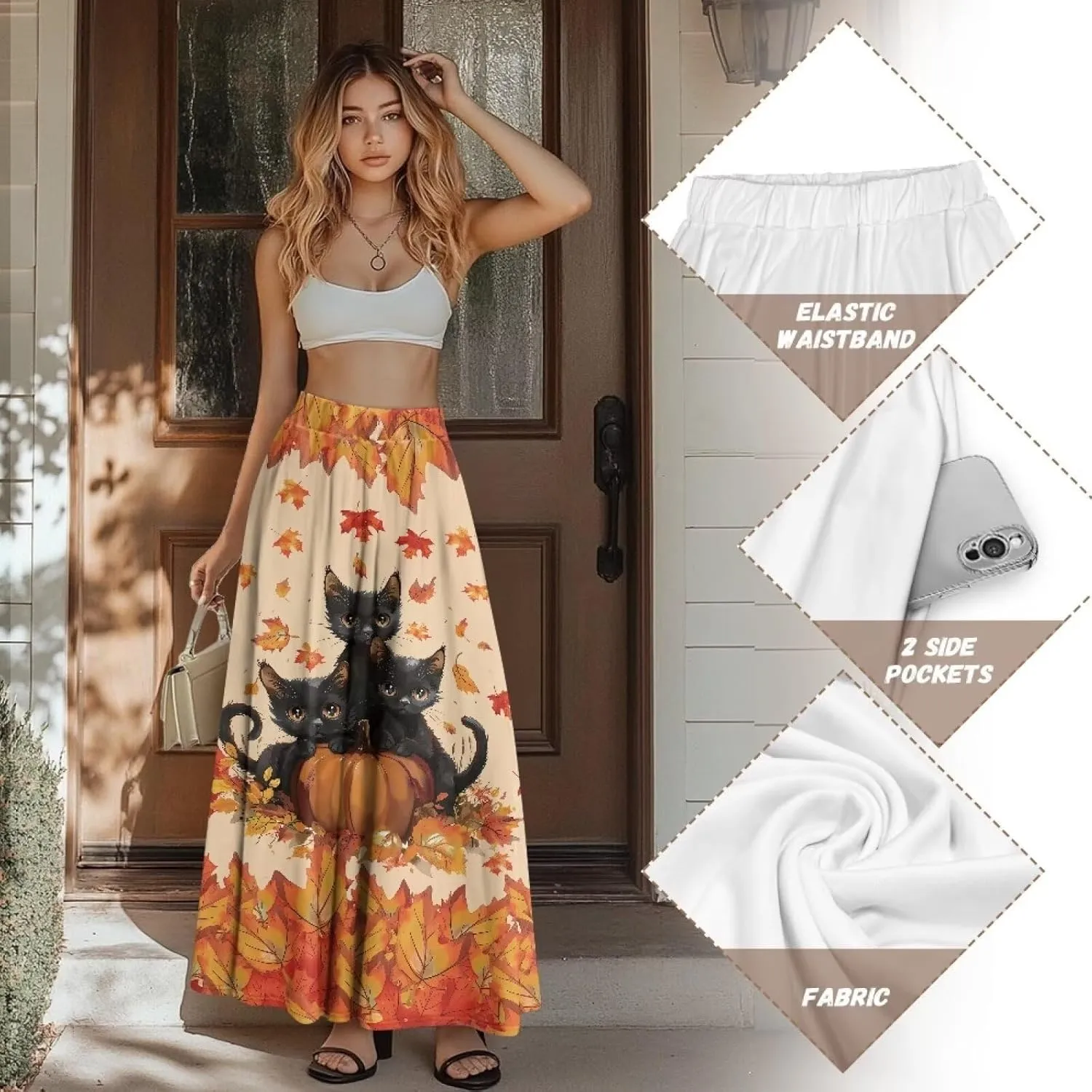 Women's Casual Flowy Maxi Skirt Long Skirts Fashion Loose Flowy Swing Pleated Ankle Length Skirt with Pockets