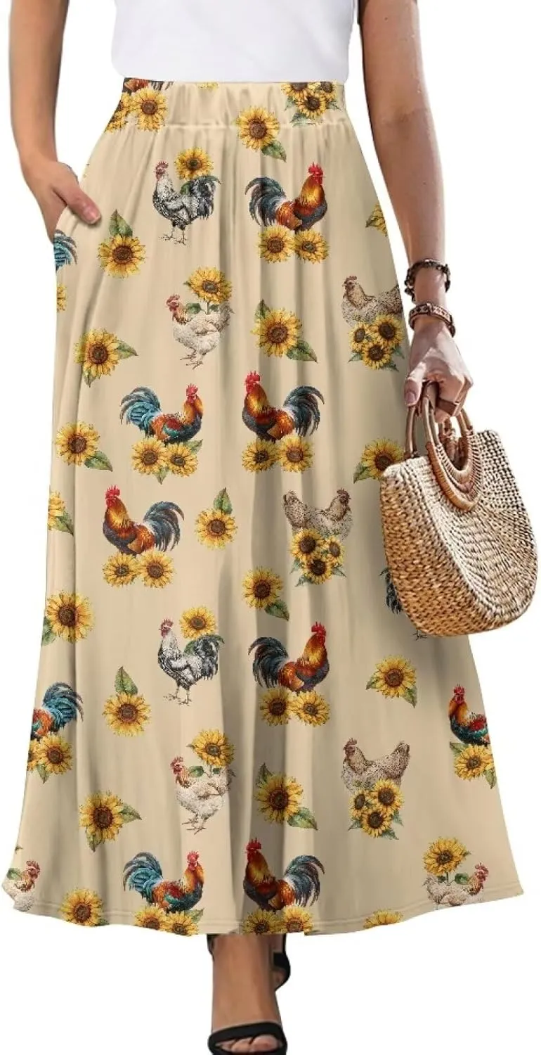Women's Casual Flowy Maxi Skirt Long Skirts Fashion Loose Flowy Swing Pleated Ankle Length Skirt with Pockets