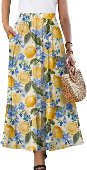 Women's Casual Flowy Maxi Skirt Long Skirts Fashion Loose Flowy Swing Pleated Ankle Length Skirt with Pockets
