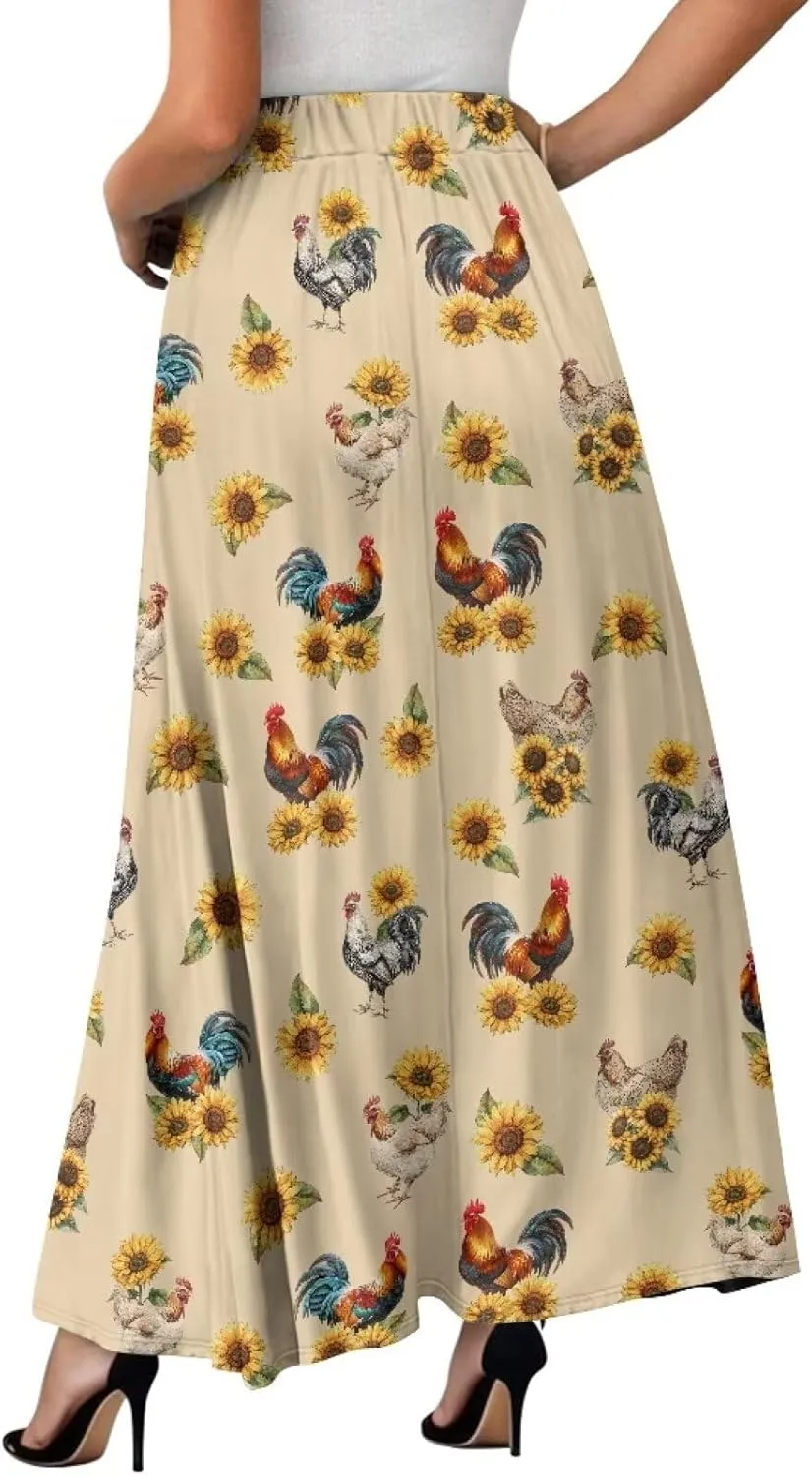 Women's Casual Flowy Maxi Skirt Long Skirts Fashion Loose Flowy Swing Pleated Ankle Length Skirt with Pockets