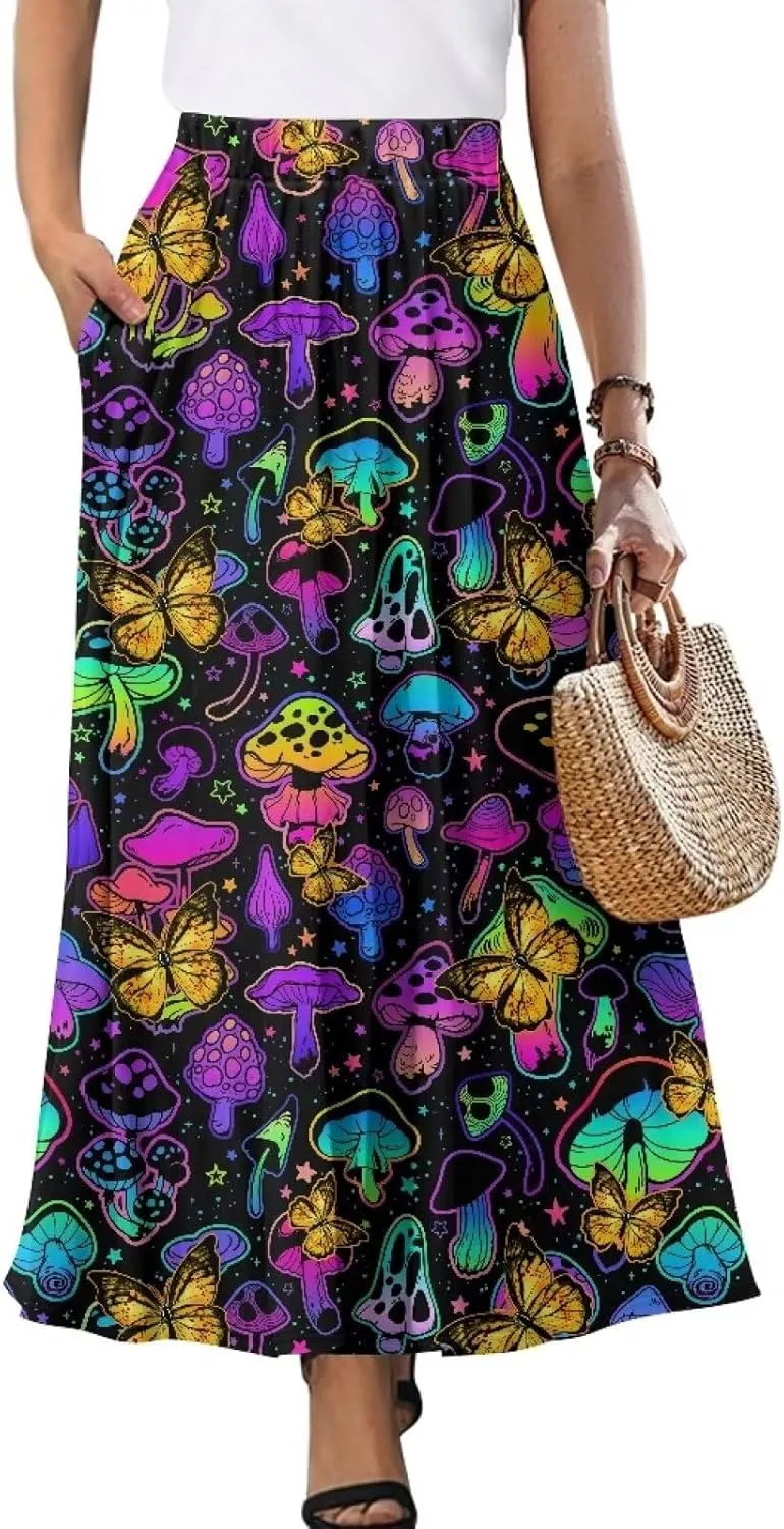 Women's Casual Flowy Maxi Skirt Long Skirts Fashion Loose Flowy Swing Pleated Ankle Length Skirt with Pockets