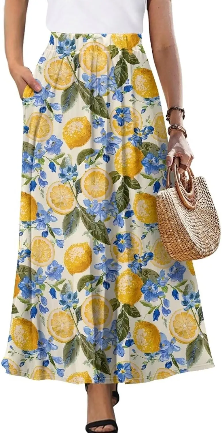 Women's Casual Flowy Maxi Skirt Long Skirts Fashion Loose Flowy Swing Pleated Ankle Length Skirt with Pockets