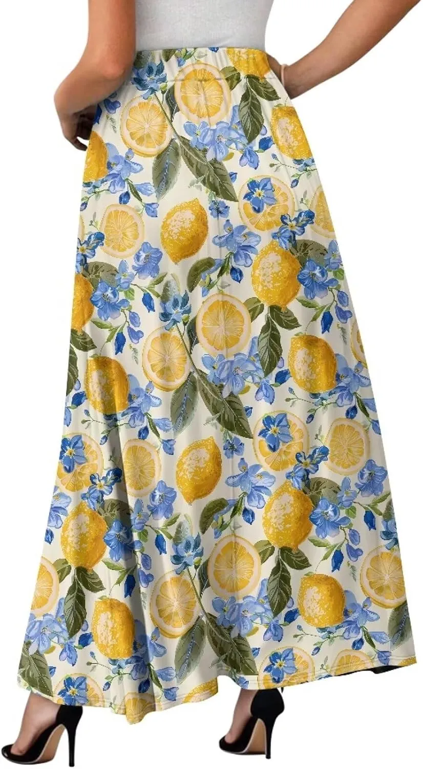 Women's Casual Flowy Maxi Skirt Long Skirts Fashion Loose Flowy Swing Pleated Ankle Length Skirt with Pockets