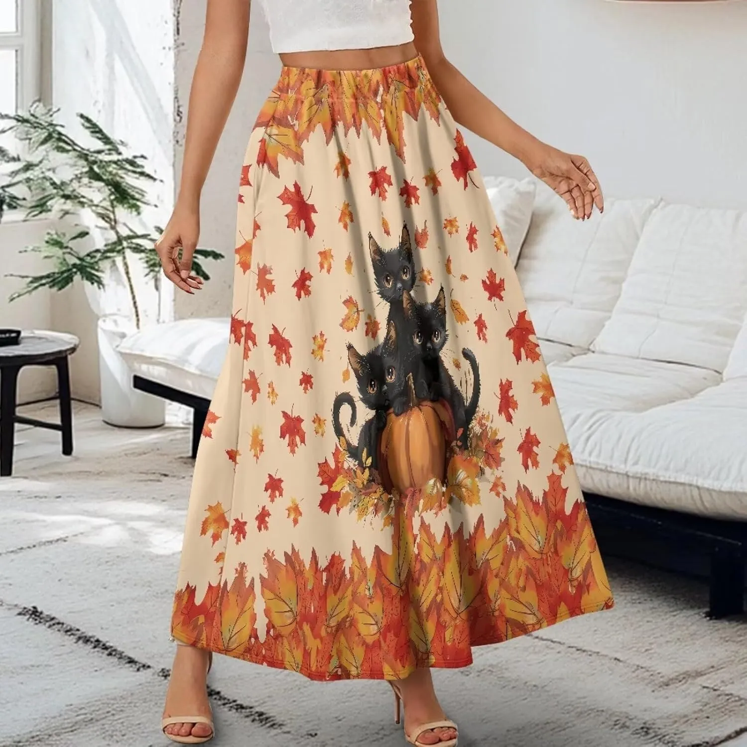 Women's Casual Flowy Maxi Skirt Long Skirts Fashion Loose Flowy Swing Pleated Ankle Length Skirt with Pockets