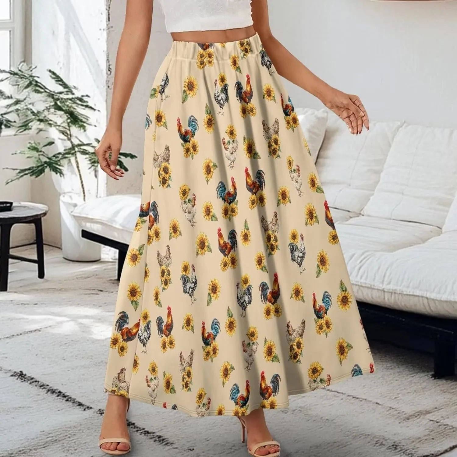Women's Casual Flowy Maxi Skirt Long Skirts Fashion Loose Flowy Swing Pleated Ankle Length Skirt with Pockets