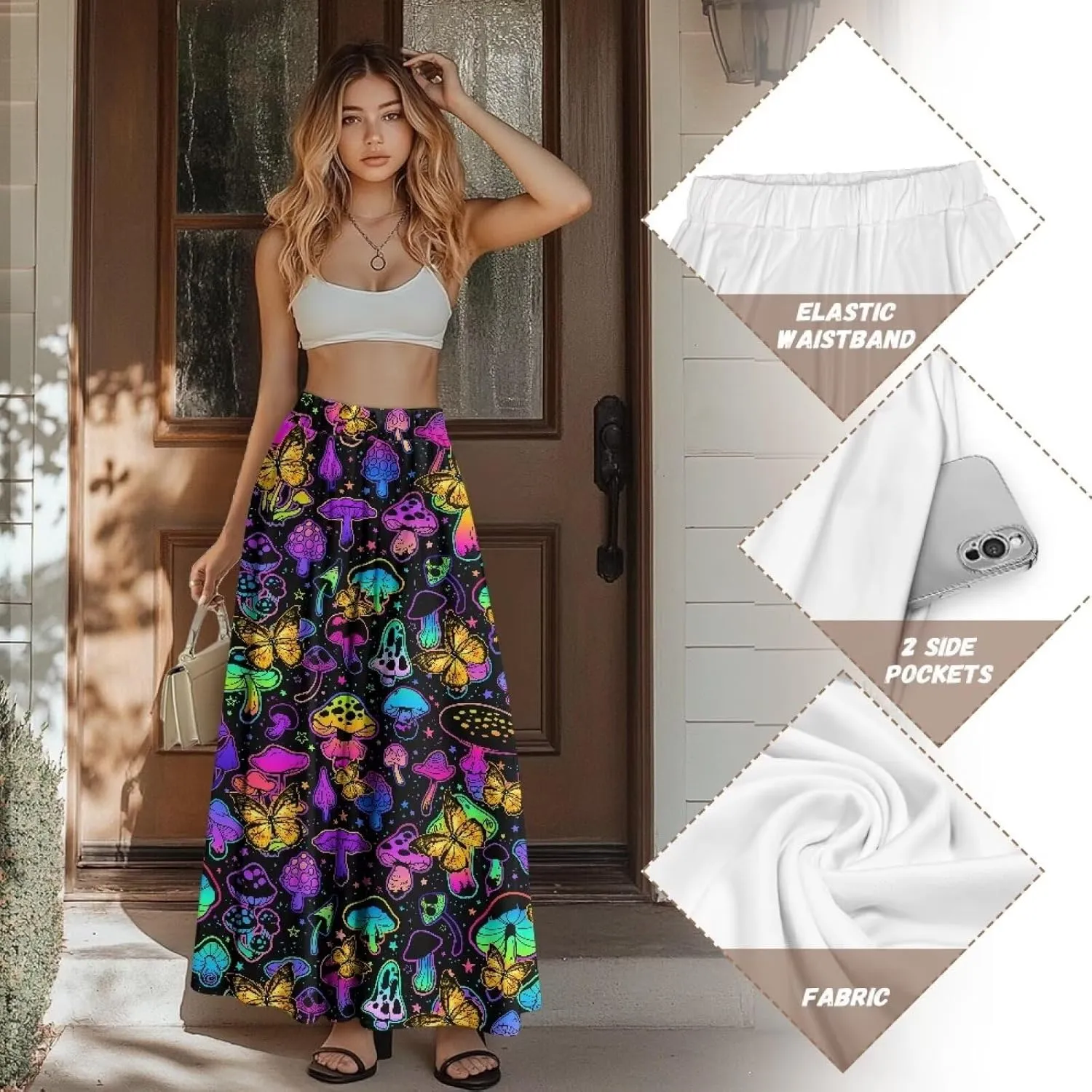 Women's Casual Flowy Maxi Skirt Long Skirts Fashion Loose Flowy Swing Pleated Ankle Length Skirt with Pockets