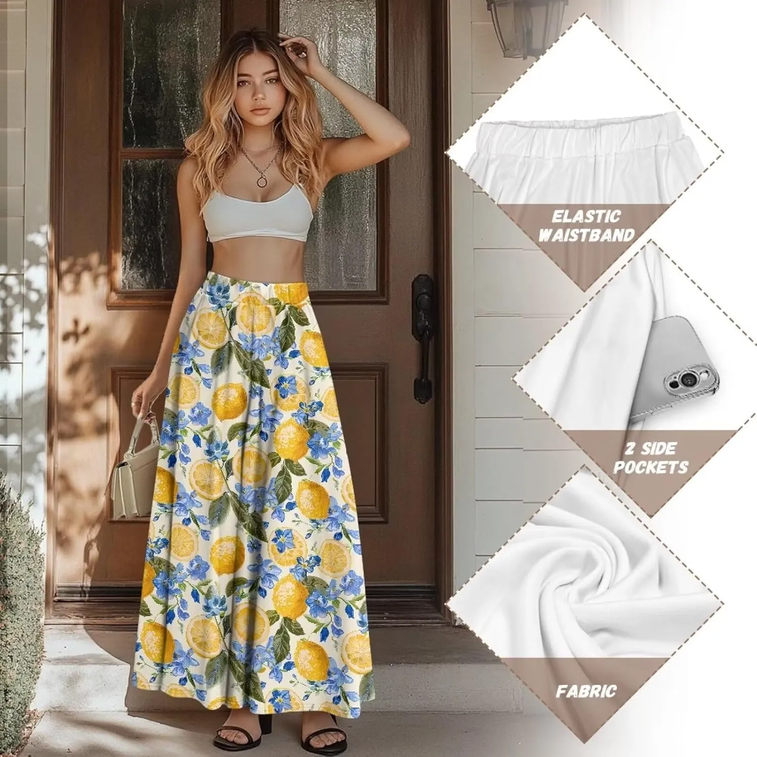 Women's Casual Flowy Maxi Skirt Long Skirts Fashion Loose Flowy Swing Pleated Ankle Length Skirt with Pockets