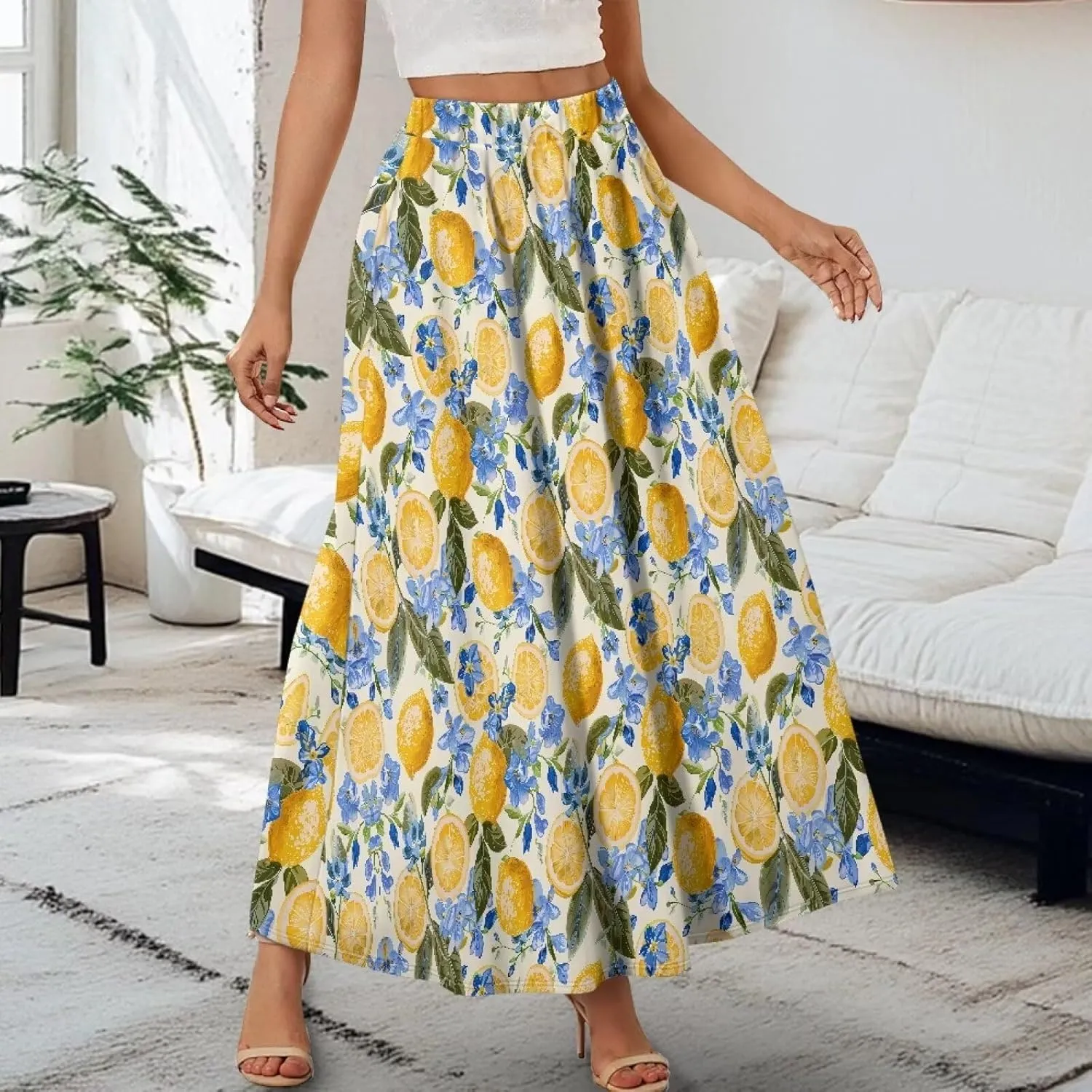 Women's Casual Flowy Maxi Skirt Long Skirts Fashion Loose Flowy Swing Pleated Ankle Length Skirt with Pockets