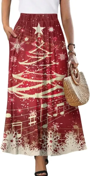 Women's Casual Flowy Maxi Skirt Long Skirts with Pockets Fashion Loose Flowy Swing Pleated Ankle Length Skirt